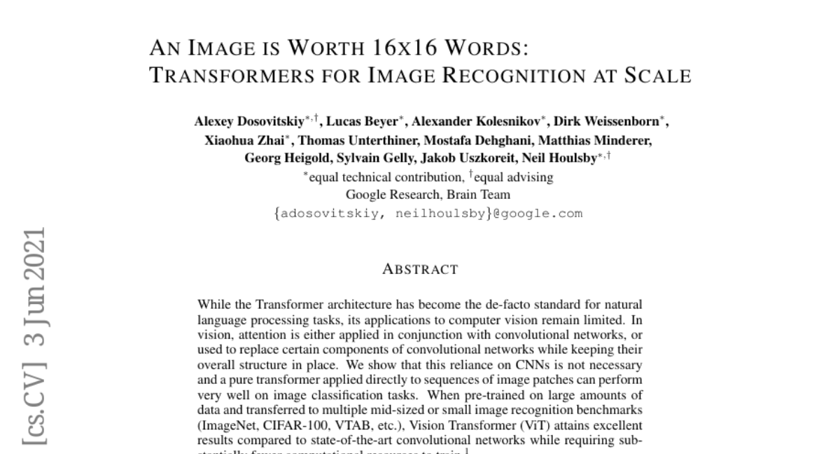 Title page of the Vision Transformer research paper